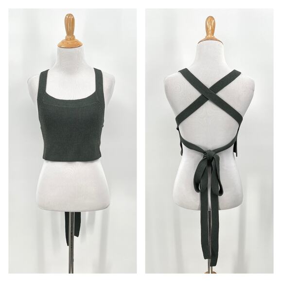 ARITZIA WILFRED Cayenne Crop Ribbed Knit Halter Top Womens M Green Tie Open Back - Picture 3 of 15